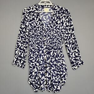 Maeve Tunic Top Alexa Bird Smocked Womens S Blue White Button Front Long Sleeve